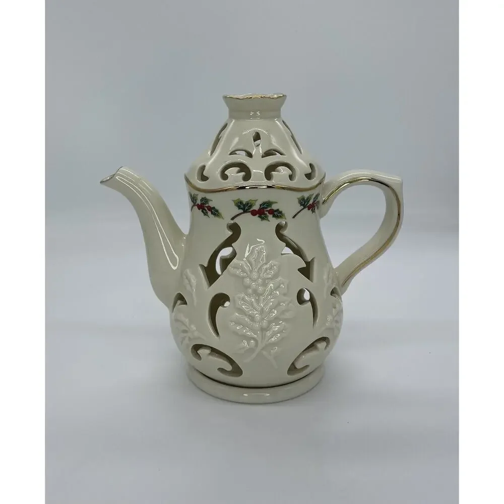 Partylite Holiday Christmas Porcelain Teapot Holly Leaf
